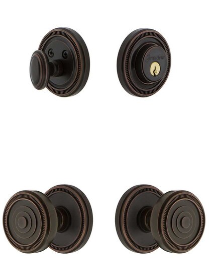 Grandeur Soleil Entry Door Set, Keyed Alike with Soleil Knobs in Timeless Bronze.